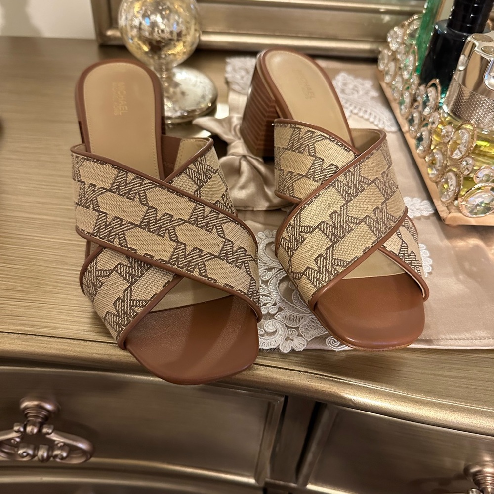 Michael Kors Tan and Brown Logo Mules